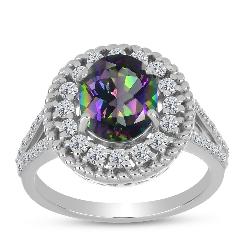 Stříbro 925/1000 - Prsten s Brazilským Mystickým Zeleným Křemenem a Bílým Topazem - Karátové číslo: 3.27. přibližná hmotnost: 4.58 gramů 3 