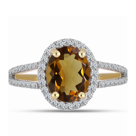 Pozlacené Stříbro 925/1000 - Prsten s Koňakovým Křemenem a Bílým Topazem - Karátové číslo: 2.12. přibližná hmotnost: 2.66 gramů