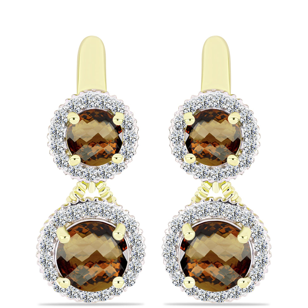 Pozlacené Stříbro 925/1000 - Náušnice s Koňakovým Křemenem a Bílým Topazem - Karátové číslo: 6.02. přibližná hmotnost: 7.52 gramů 1 