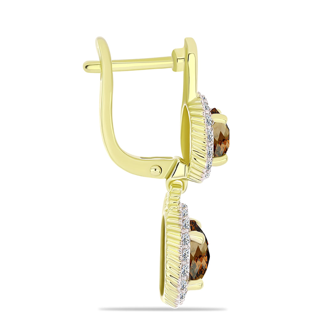Pozlacené Stříbro 925/1000 - Náušnice s Koňakovým Křemenem a Bílým Topazem - Karátové číslo: 6.02. přibližná hmotnost: 7.52 gramů