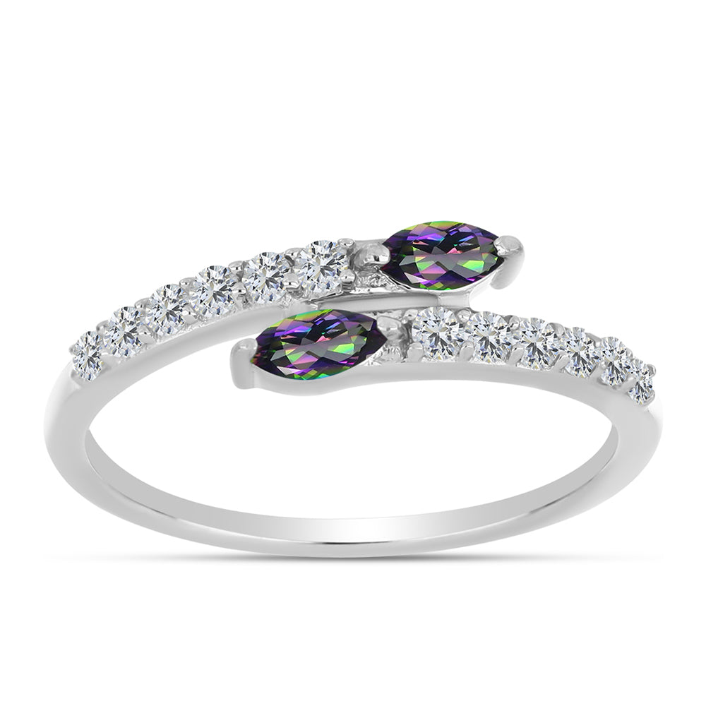 Stříbro 925/1000 - Prsten s Brazilským Mystickým Zeleným Křemenem a Bílým Topazem - Karátové číslo: 0.59. přibližná hmotnost: 1.82 gramů