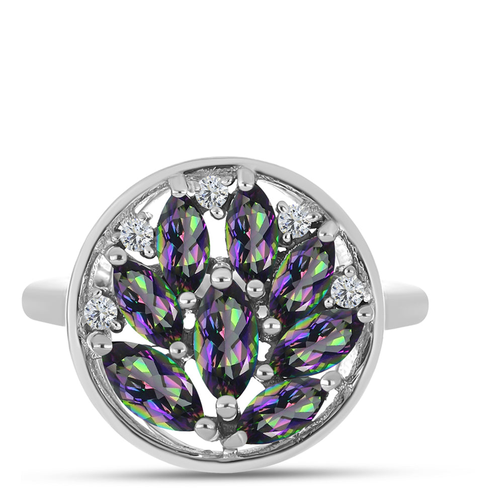 Stříbro 925/1000 - Prsten s Brazilským Mystickým Zeleným Křemenem a Bílým Topazem - Karátové číslo: 1.21. přibližná hmotnost: 3.71 gramů