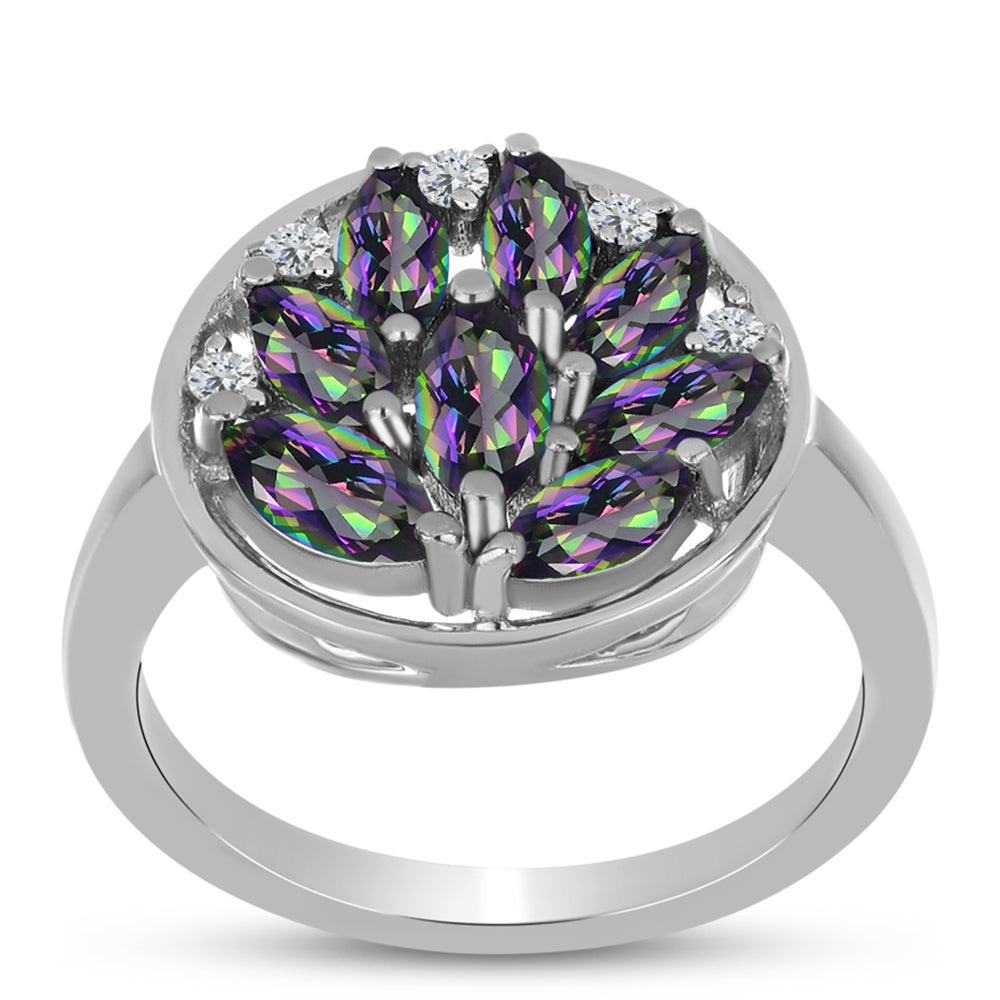 Stříbro 925/1000 - Prsten s Brazilským Mystickým Zeleným Křemenem a Bílým Topazem - Karátové číslo: 1.21. přibližná hmotnost: 3.71 gramů