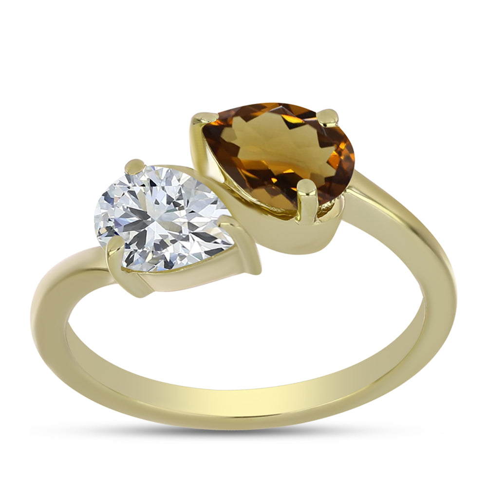 Pozlacené Stříbro 925/1000 - Prsten s Koňakovým Křemenem a Bílým Topazem - Karátové číslo: 1.46. přibližná hmotnost: 2.55 gramů