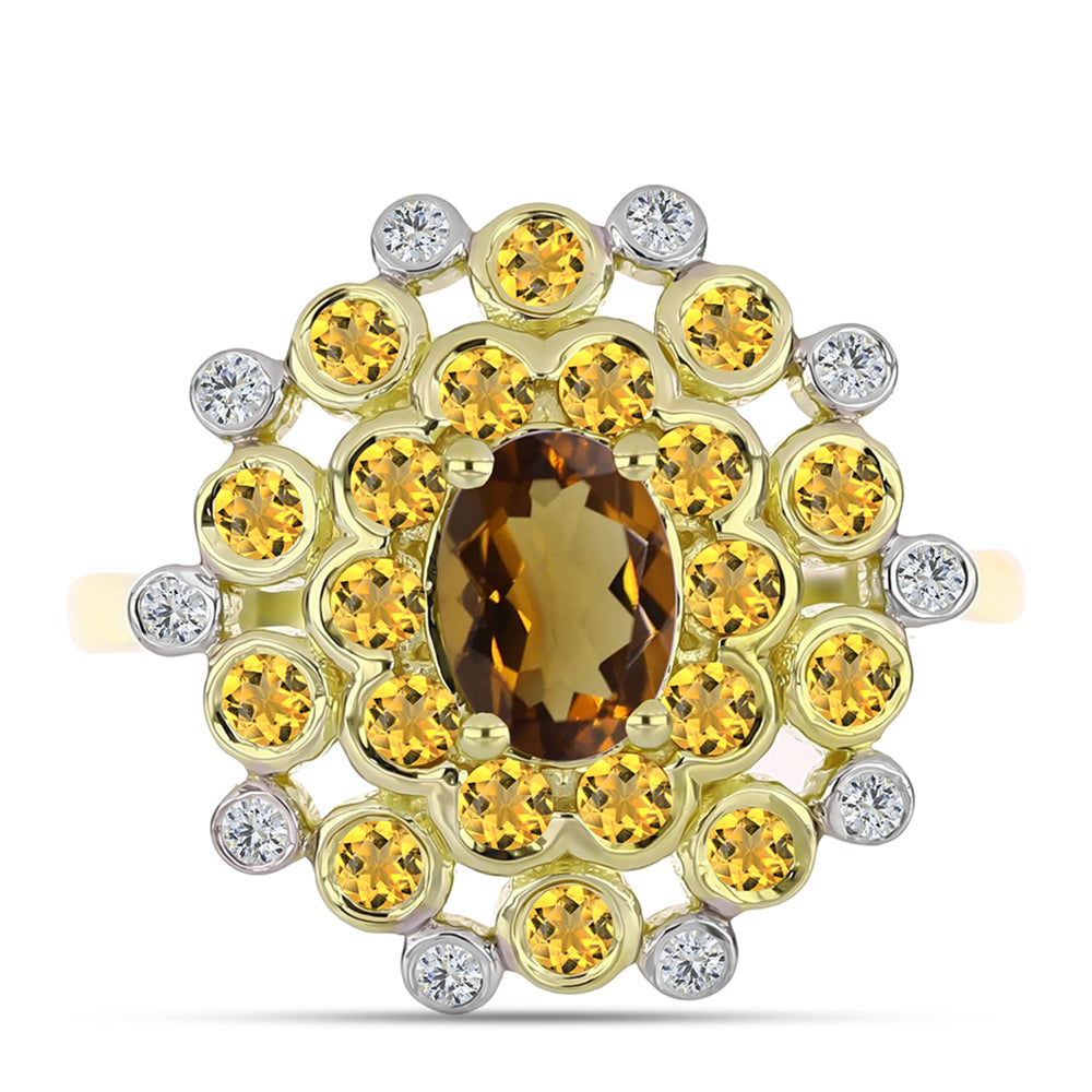 Pozlacené Stříbro 925/1000 - Prsten s Koňakovým Křemenem a Bílým Topazem - Karátové číslo: 1.52. přibližná hmotnost: 4.53 gramů 1 