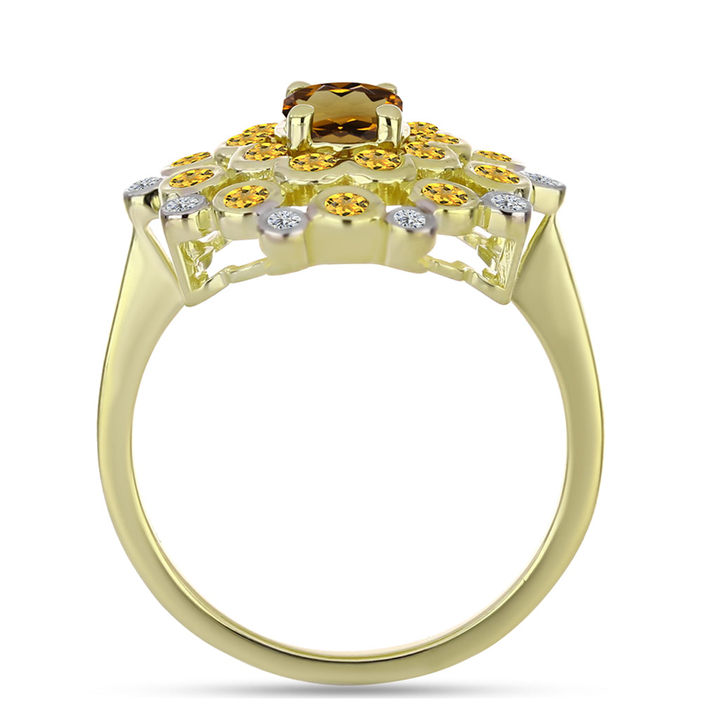 Pozlacené Stříbro 925/1000 - Prsten s Koňakovým Křemenem a Bílým Topazem - Karátové číslo: 1.52. přibližná hmotnost: 4.53 gramů 2 