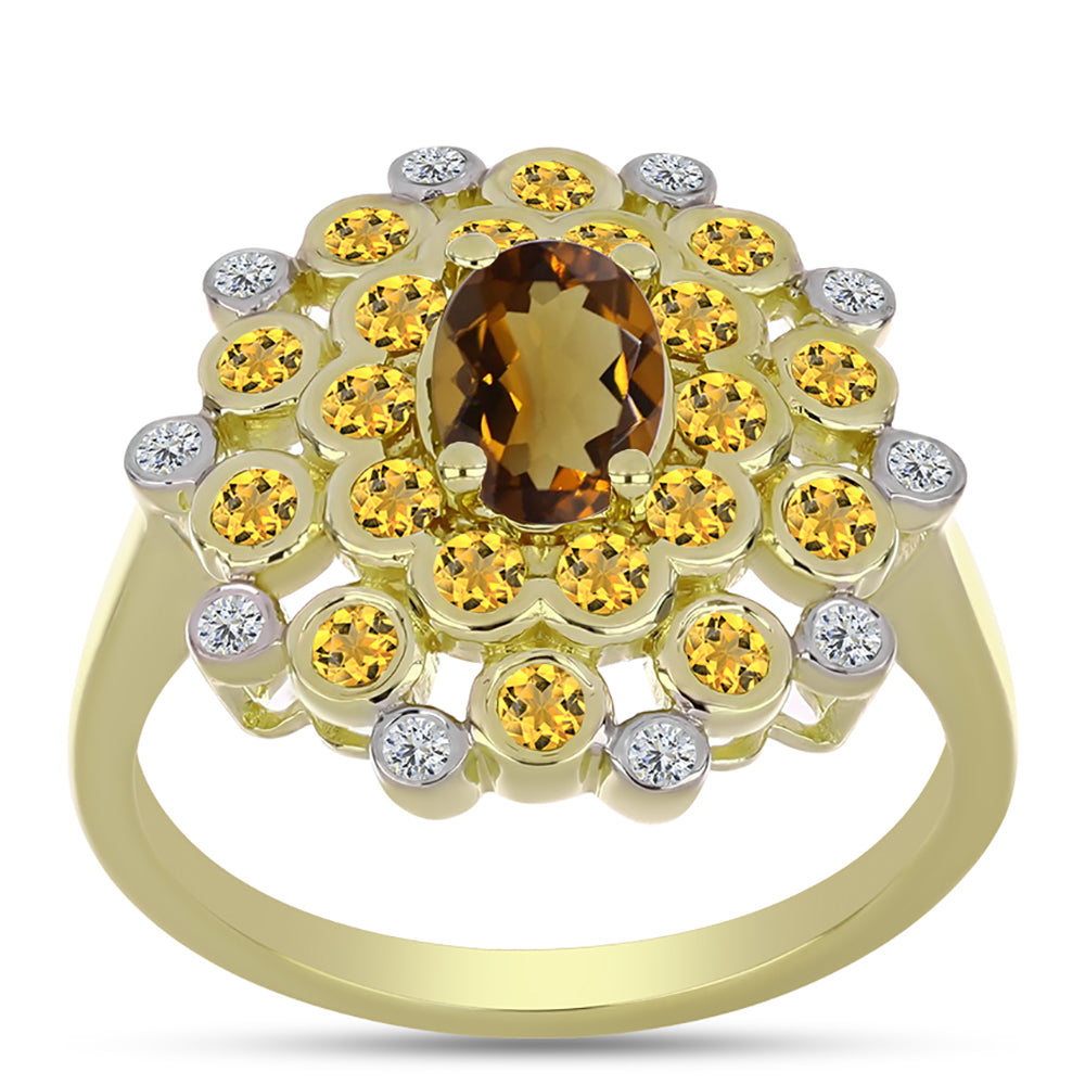 Pozlacené Stříbro 925/1000 - Prsten s Koňakovým Křemenem a Bílým Topazem - Karátové číslo: 1.52. přibližná hmotnost: 4.53 gramů 3 