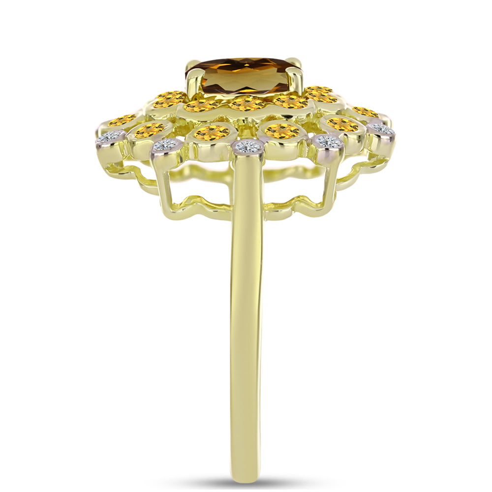 Pozlacené Stříbro 925/1000 - Prsten s Koňakovým Křemenem a Bílým Topazem - Karátové číslo: 1.52. přibližná hmotnost: 4.53 gramů 4 