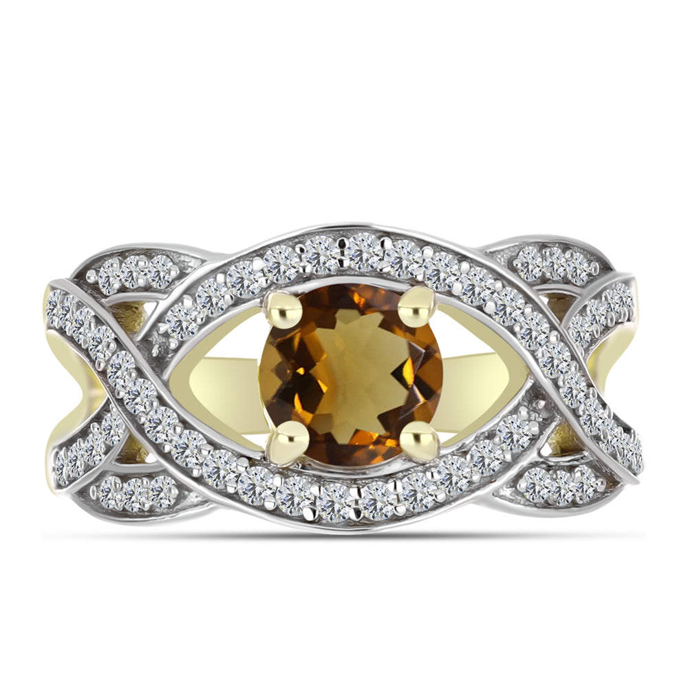 Pozlacené Stříbro 925/1000 - Prsten s Koňakovým Křemenem a Bílým Topazem - Karátové číslo: 1.41. přibližná hmotnost: 3.62 gramů 1 