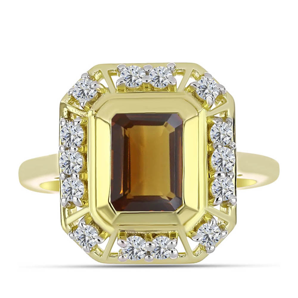 Pozlacené Stříbro 925/1000 - Prsten s Koňakovým Křemenem a Bílým Topazem - Karátové číslo: 1.91. přibližná hmotnost: 4.43 gramů