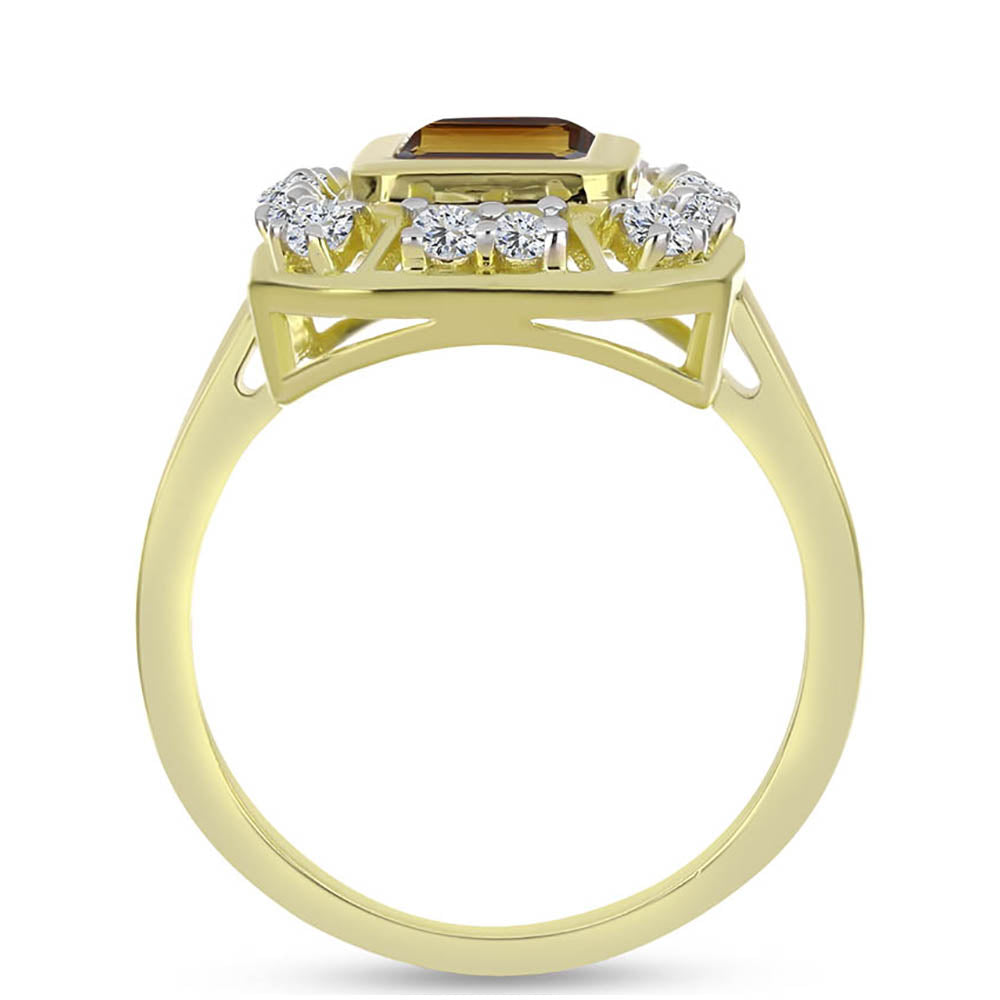 Pozlacené Stříbro 925/1000 - Prsten s Koňakovým Křemenem a Bílým Topazem - Karátové číslo: 1.91. přibližná hmotnost: 4.43 gramů