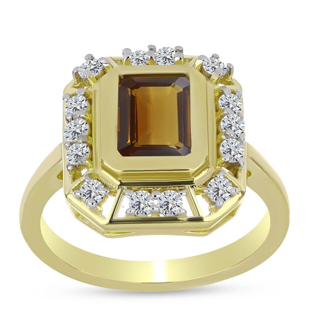 Pozlacené Stříbro 925/1000 - Prsten s Koňakovým Křemenem a Bílým Topazem - Karátové číslo: 1.91. přibližná hmotnost: 4.43 gramů 3 