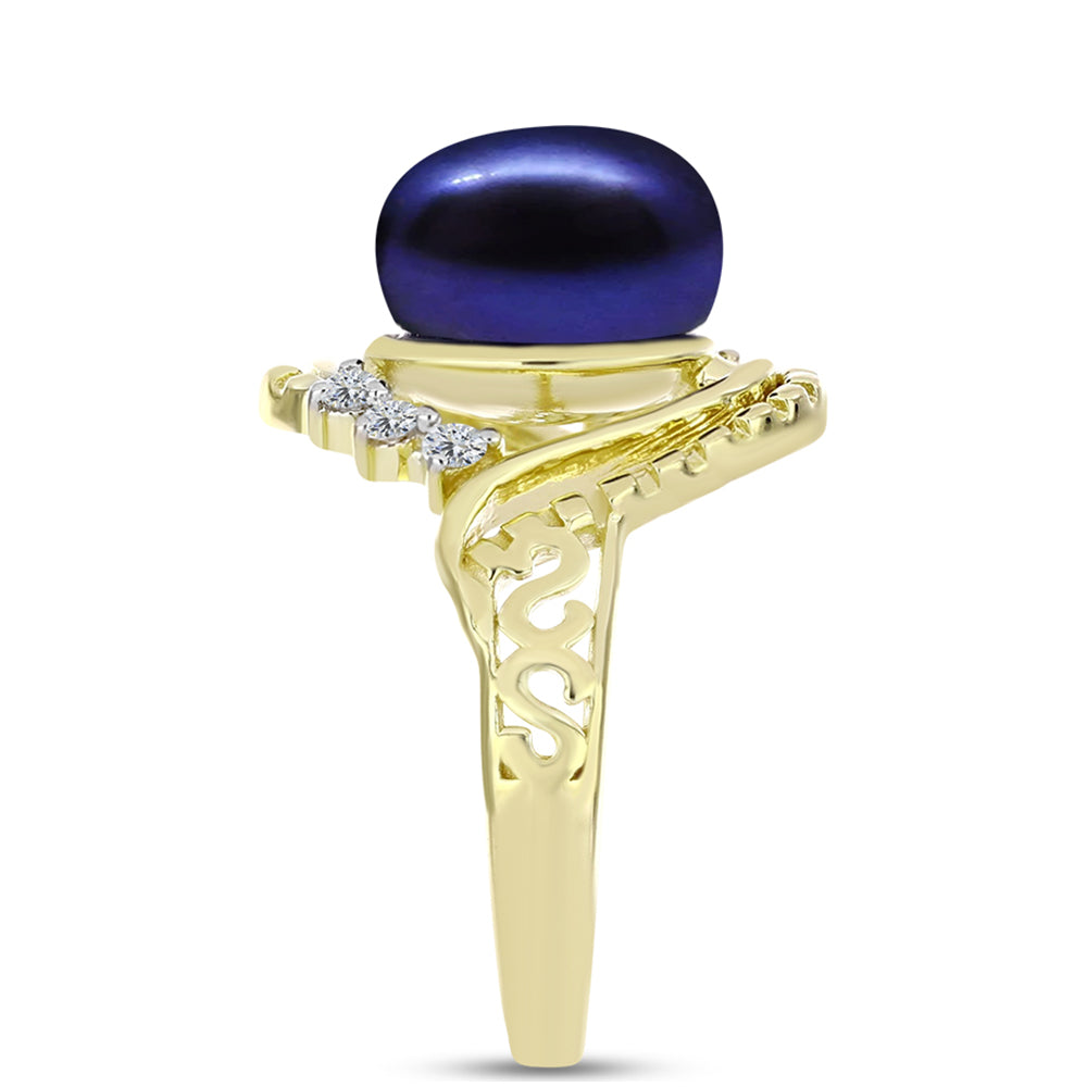 Pozlacené Stříbro 925/1000 - Prsten s Černou Sladkovodní Perlou a Bílým Topazem - Karátové číslo: 5.53. přibližná hmotnost: 5.11 gramů