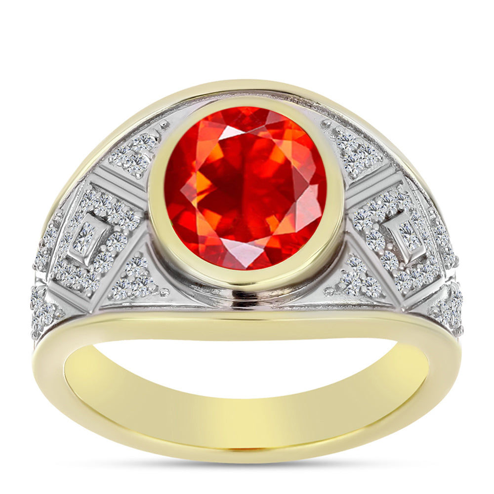 Pozlacené Stříbro 925/1000 - Prsten s Ohnivě Červeným Opálem z Lega Dembi a Bílým Zirkonem - Karátové číslo: 2.01. přibližná hmotnost: 5.84 gramů