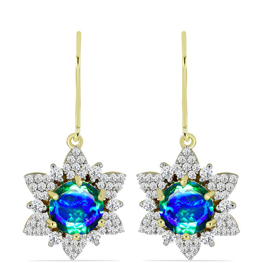 Pozlacené Stříbro 925/1000 - Náušnice s Pavím Křemenem a Bílým Topazem - Karátové číslo: 5.12. přibližná hmotnost: 5.19 gramů