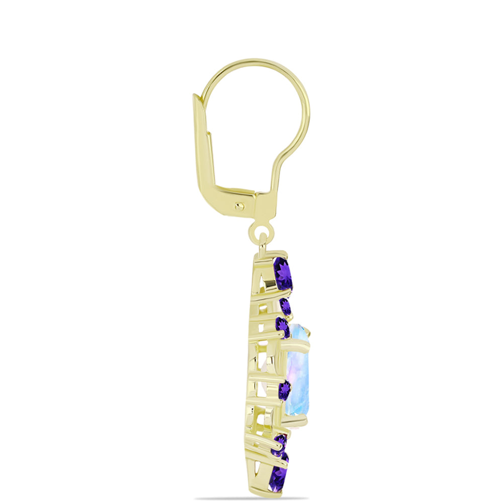 Pozlacené Stříbro 925/1000 - Náušnice s Duhovým Měsíčním Kamenem a Marockým Ametystem - Karátové číslo: 5.47. přibližná hmotnost: 5.95 gramů 2 
