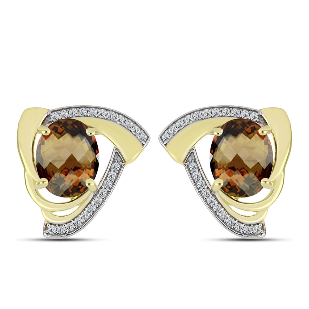 Pozlacené Stříbro 925/1000 - Náušnice s Koňakovým Křemenem a Bílým Topazem - Karátové číslo: 4.66. přibližná hmotnost: 5.7 gramů 1 