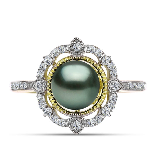 Pozlacené Stříbro 925/1000 - Prsten se Sladkovodní perlou v podobě Tahitské zelené iluze a Bílým Topazem - Karátové číslo: 2.56. přibližná hmotnost: 4.34 gramů