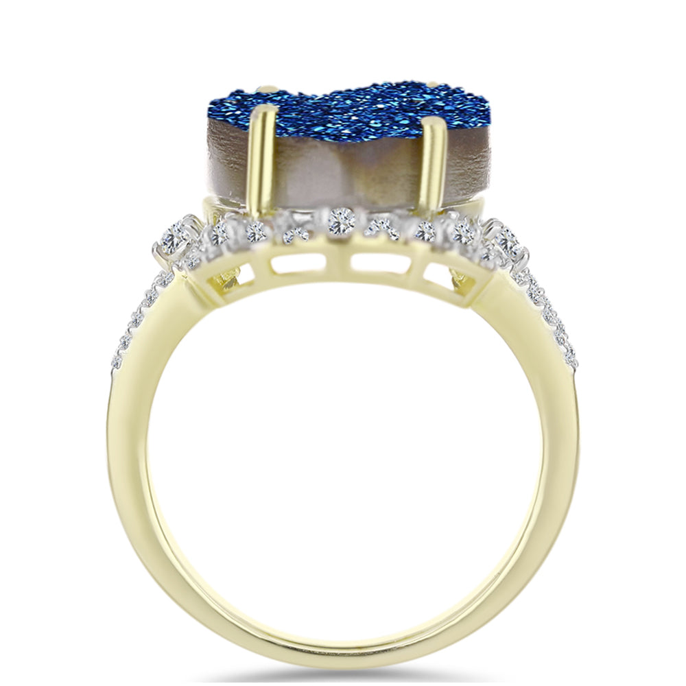 Pozlacené Stříbro 925/1000 - Prsten s Modrou Drusy a Bílým Topazem - Karátové číslo: 7.62. přibližná hmotnost: 5.86 gramů 2 