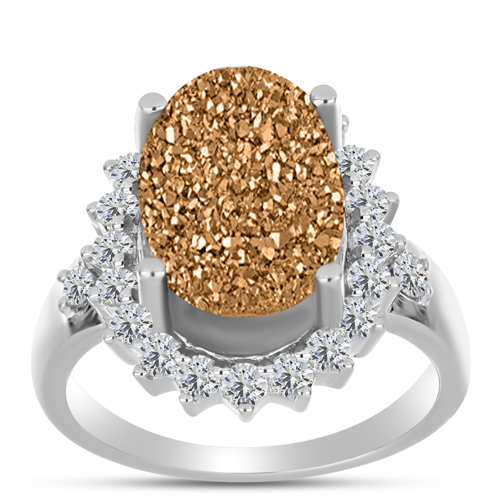 Stříbro 925/1000 - Prsten s Zlatým Drusy a Bílým Topazem - Karátové číslo: 6.62. přibližná hmotnost: 5.42 gramů