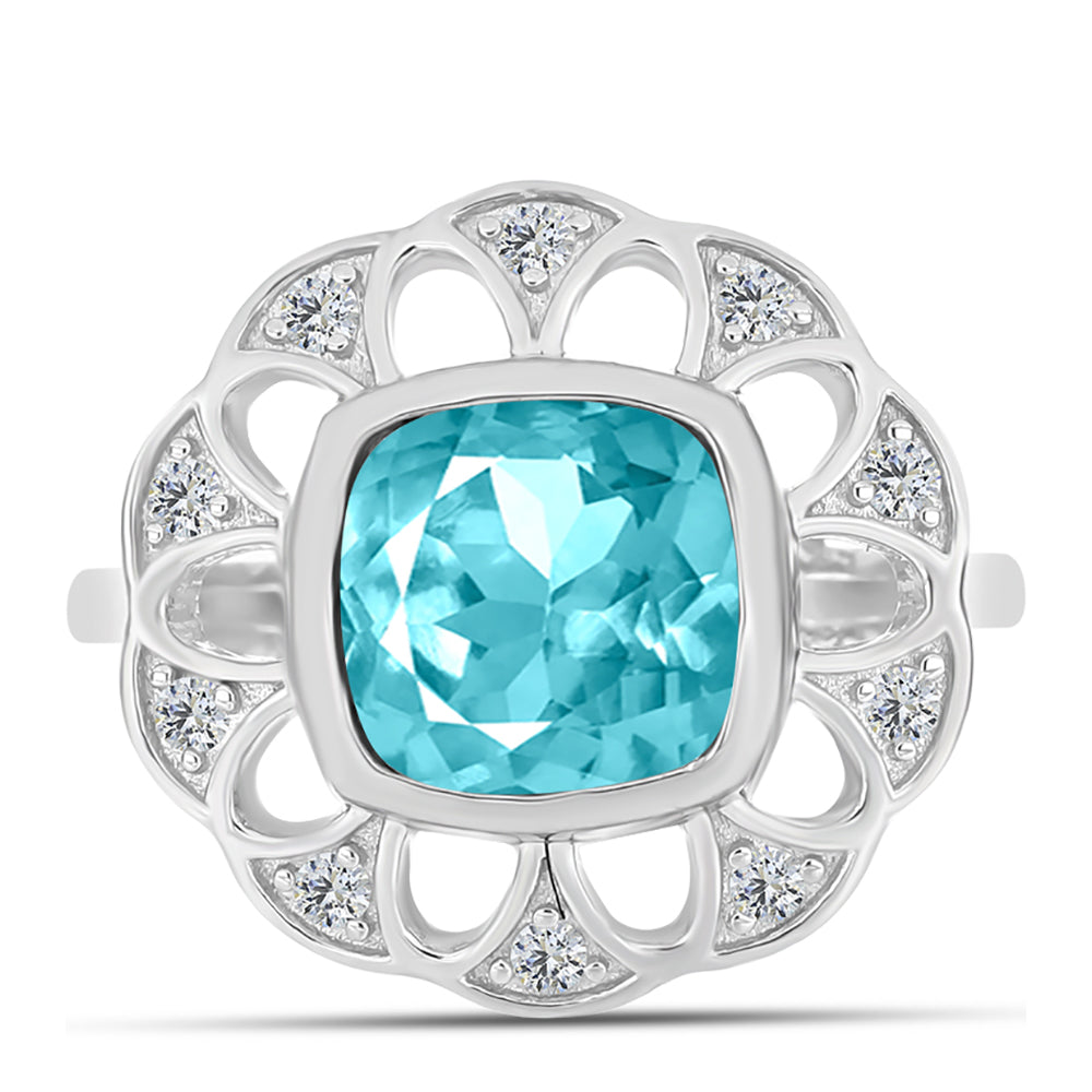 Stříbro 925/1000 - Prsten s Paraiba Křemenem a Bílým Topazem - Karátové číslo: 2.12. přibližná hmotnost: 4.04 gramů
