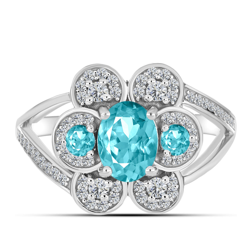 Stříbro 925/1000 - Prsten s Paraiba Křemenem a Bílým Topazem - Karátové číslo: 1.95. přibližná hmotnost: 4.18 gramů 1 