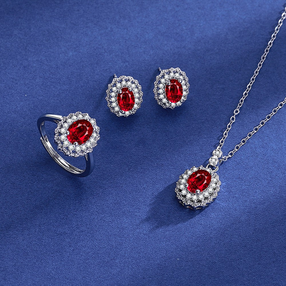 Pozlacená slitina - Sada s Červeným Emporia® Křišťálem a Bílým Emporia® Křišťálem ( Náhrdelník+Náušnice+Prsten ) 1 