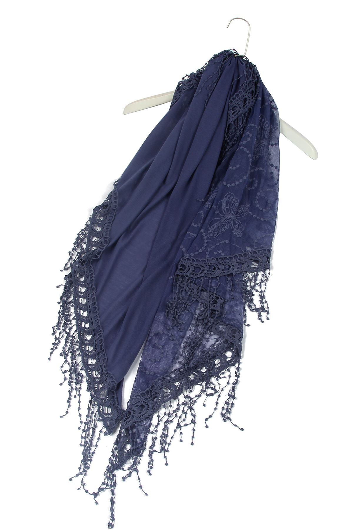 Bavlněná lichoběžníková Šála-šátek, 80 cm x 198 cm x 70 cm, Motýlí a krajkový vzor, Džínová | -80% Akce na Šperky