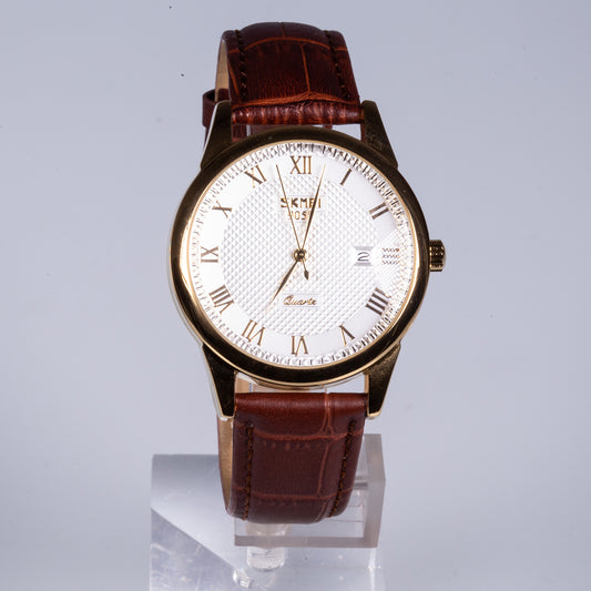 Hodinky z Ušlechtilé Oceli se Světle Béžovým Ciferníkem a Hnědým Koženým Řemínkem | -80% Akce na Šperky