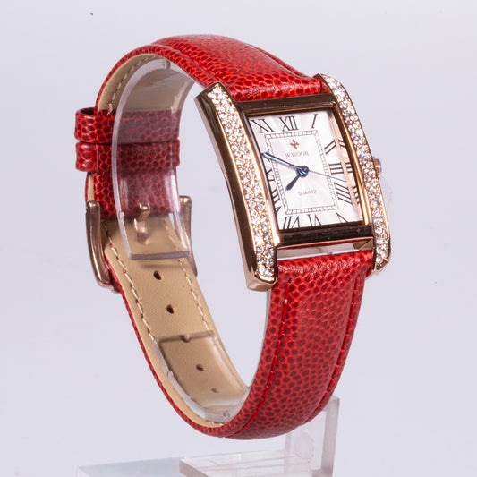 Hodinky z Ušlechtilé Oceli s Červeným Koženým Řemínkem, Bílým Ciferníkem a Zirkonem | -80% Akce na Šperky