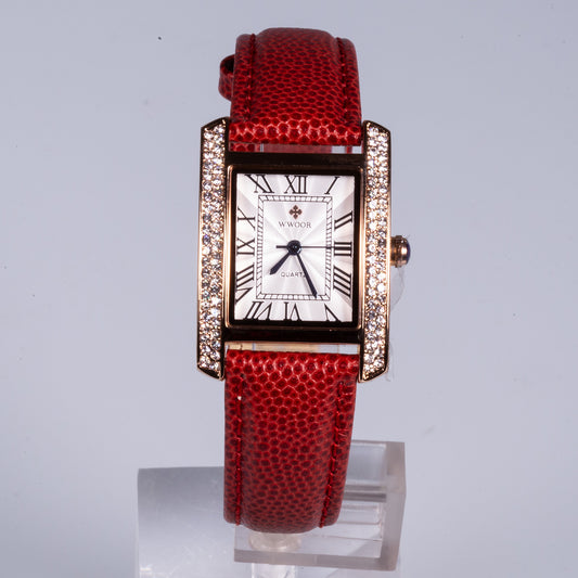 Hodinky z Ušlechtilé Oceli s Červeným Koženým Řemínkem, Bílým Ciferníkem a Zirkonem | -80% Akce na Šperky
