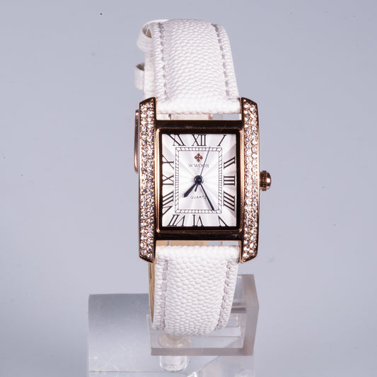 Hodinky z Ušlechtilé Oceli s Bílým Koženým Řemínkem, Bílým Ciferníkem a Zirkonem | -80% Akce na Šperky