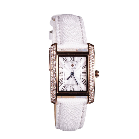 Hodinky z Ušlechtilé Oceli s Bílým Koženým Řemínkem, Bílým Ciferníkem a Zirkonem