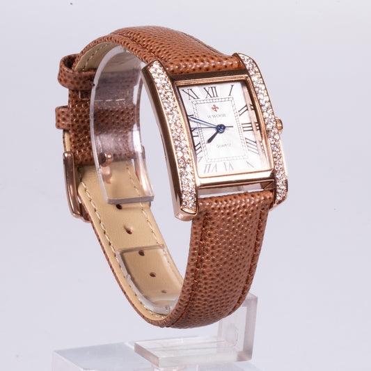 Hodinky z Ušlechtilé Oceli s Hnědým Koženým Řemínkem, Bílým Ciferníkem a Zirkonem | -80% Akce na Šperky