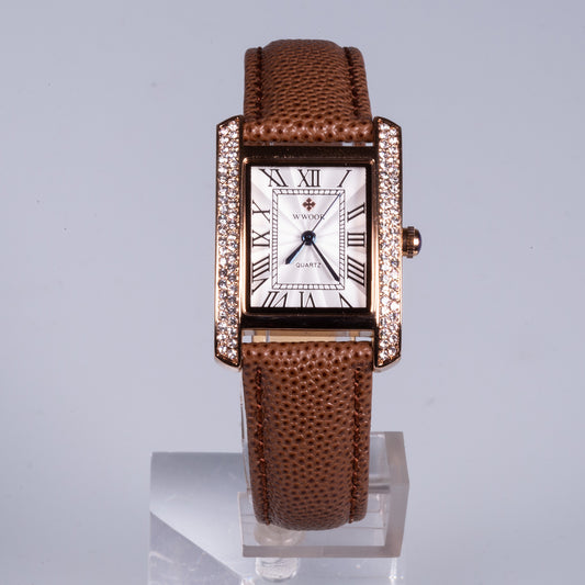 Hodinky z Ušlechtilé Oceli s Hnědým Koženým Řemínkem, Bílým Ciferníkem a Zirkonem | -80% Akce na Šperky