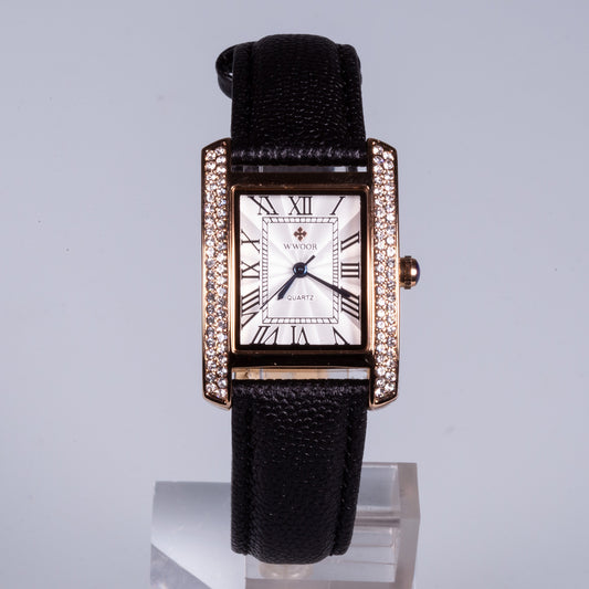 Hodinky z Ušlechtilé Oceli s Černým Koženým Řemínkem, Bílým Ciferníkem a Zirkonem | -80% Akce na Šperky