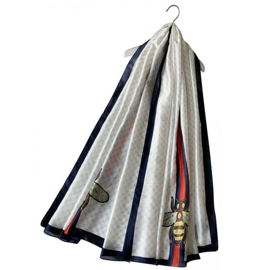 Hedvábná šála-šátek, 90 cm x 180 cm, Včelí vzor, Krémová | -80% Akce na Šperky