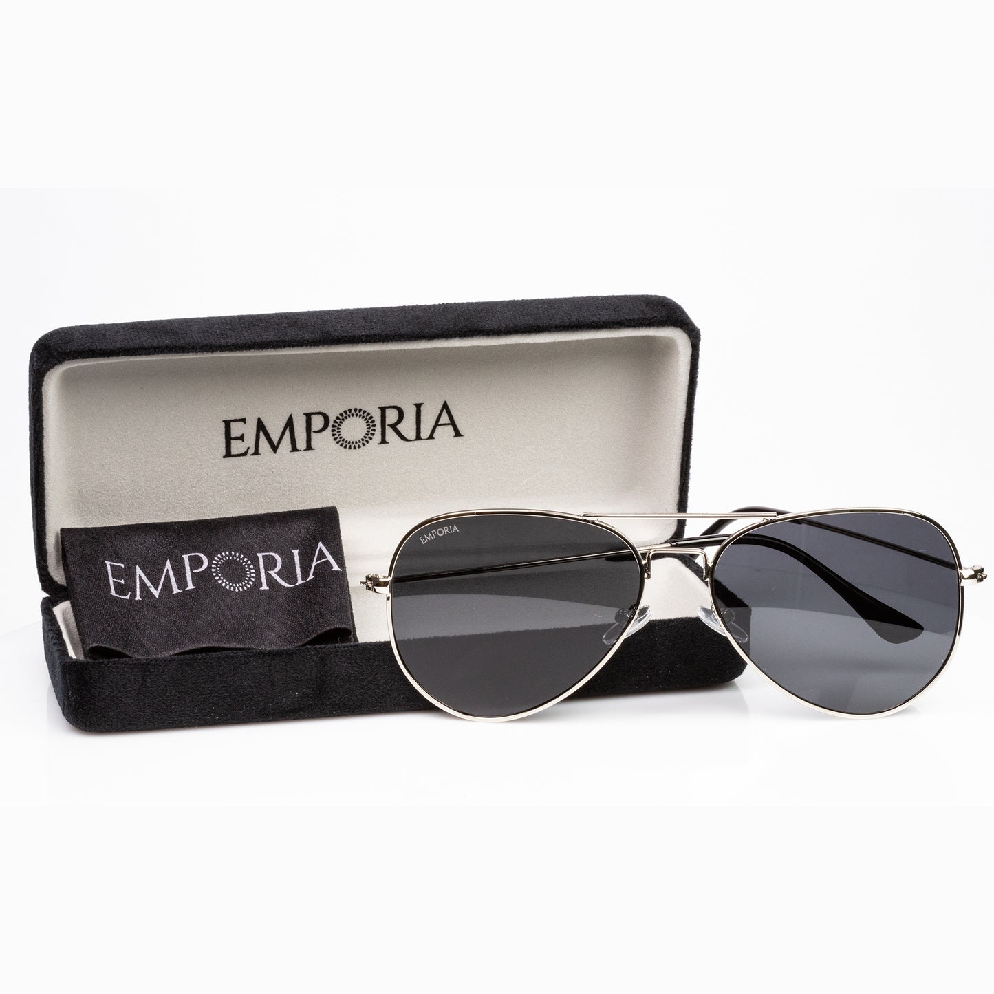 Emporia Italy - série Aviator "ŠÉF", polarizované sluneční brýle s UV filtrem, s pevným pouzdrem a čisticím hadříkem, tmavě šedé čočky, obroučky stříbrné barvy