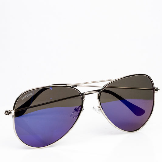 Emporia Italy - série Aviator "LAGUNA", polarizované sluneční brýle s pevným pouzdrem a čisticím hadříkem, modrofialové čočky, obroučky stříbrné barvy