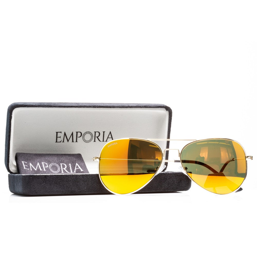 Emporia Italy - série Aviator "SLUNEČNÍ PAPRSKY", polarizované sluneční brýle s pevným pouzdrem a čisticím hadříkem, oranžové čočky, obroučky zlaté barvy