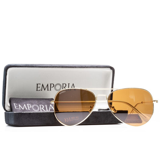 Emporia Italy - série Aviator "POUŠŤ", polarizované sluneční brýle s UV filtrem, s pevným pouzdrem a čisticím hadříkem, světle hnědé čočky, obroučky zlaté barvy
