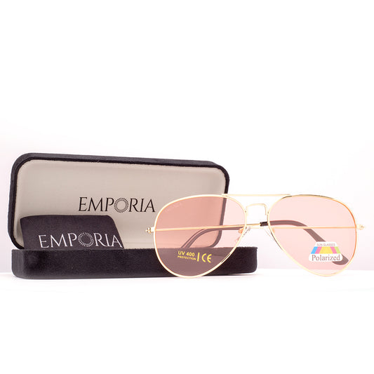 Emporia Italy - série Aviator "BONBÓN", polarizované sluneční brýle s UV filtrem, s pevným pouzdrem a čisticím hadříkem, světle hnědé čočky, obroučky zlaté barvy