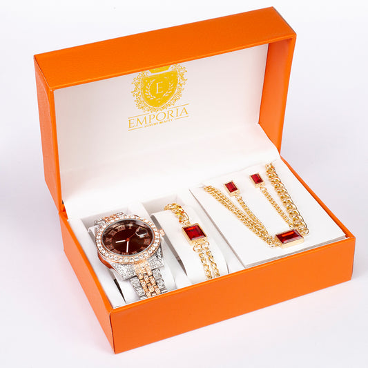 4dílná, prémiová sada šperků Emporia s hodinkami, náhrdelník, náramok a uši, v exkluzivní dárkové krabičce s koženým efektem