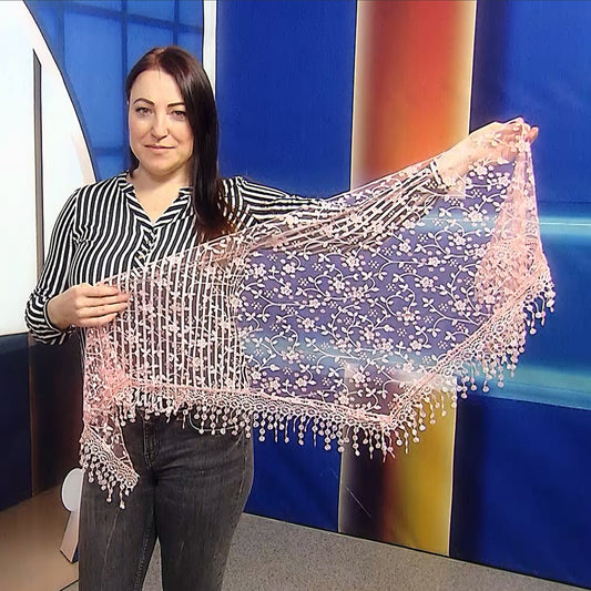 Trojúhelníková Šála-šátek s Třpytivým květinovým vzorem, 45 cm x 45 cm x 170 cm, Broskvová | -80% Akce na Šperky