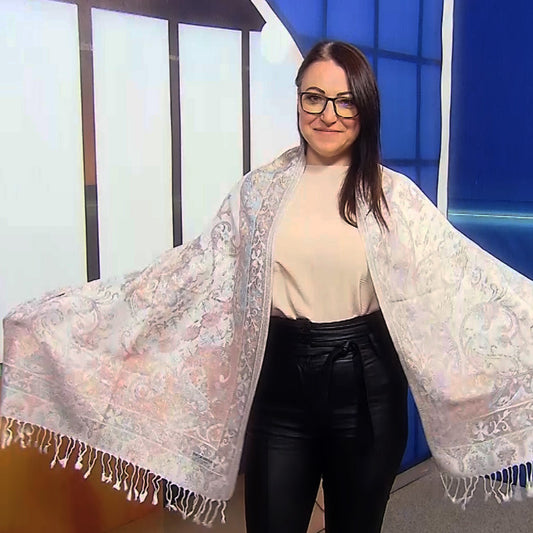 Šála-šátek ze 100% Pravého Pashmina Kašmíru, 70 cm x 180 cm, Lesklá Růžovo-bílá | -80% Akce na Šperky