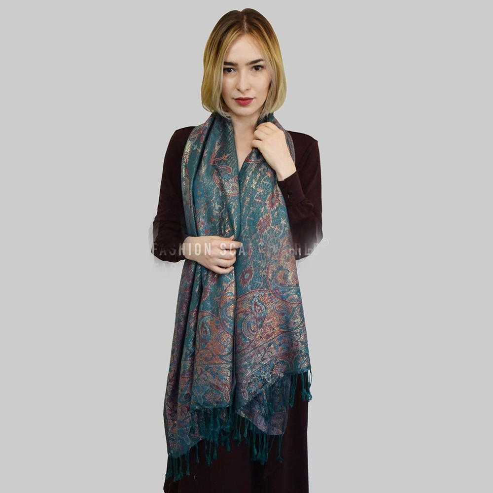 Šála-šátek ze 100% Pravého Pashmina Kašmíru, 70 cm x 180 cm, Lesklý zelenomodrý kašmírový vzor | -80% Akce na Šperky