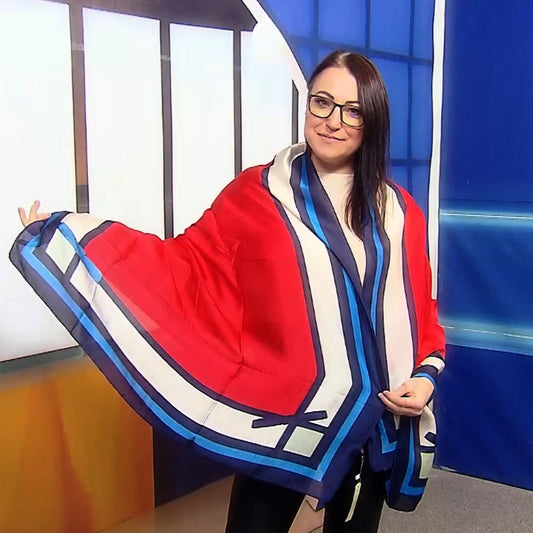 Šála-šátek ze 100% Pravého Hedvábí, 90 cm x 180 cm, Červeno-modro-bílá | -80% Akce na Šperky