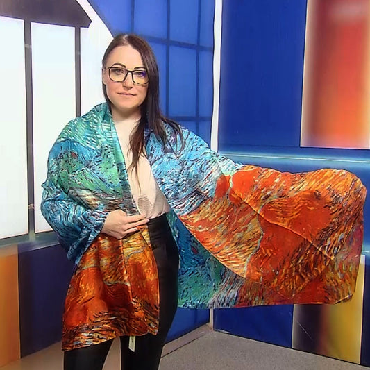 Šála-šátek ze 100% Pravého Hedvábí, 90 cm x 180 cm, Impresionistický západ slunce | -80% Akce na Šperky