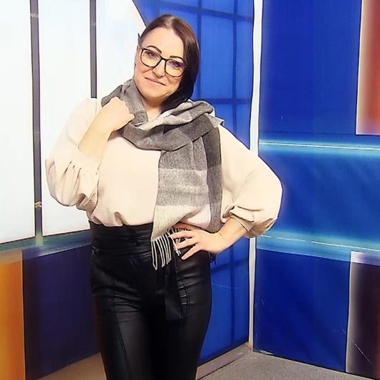 Šála ze 100% Pravé Vlny, 30 cm x 165 cm, Šedý a Krémový kostkovaný vzor | -80% Akce na Šperky