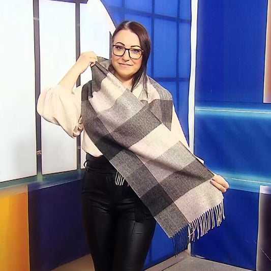 Šála ze 100% Pravé Vlny, 30 cm x 165 cm, Šedý a Krémový kostkovaný vzor | -80% Akce na Šperky